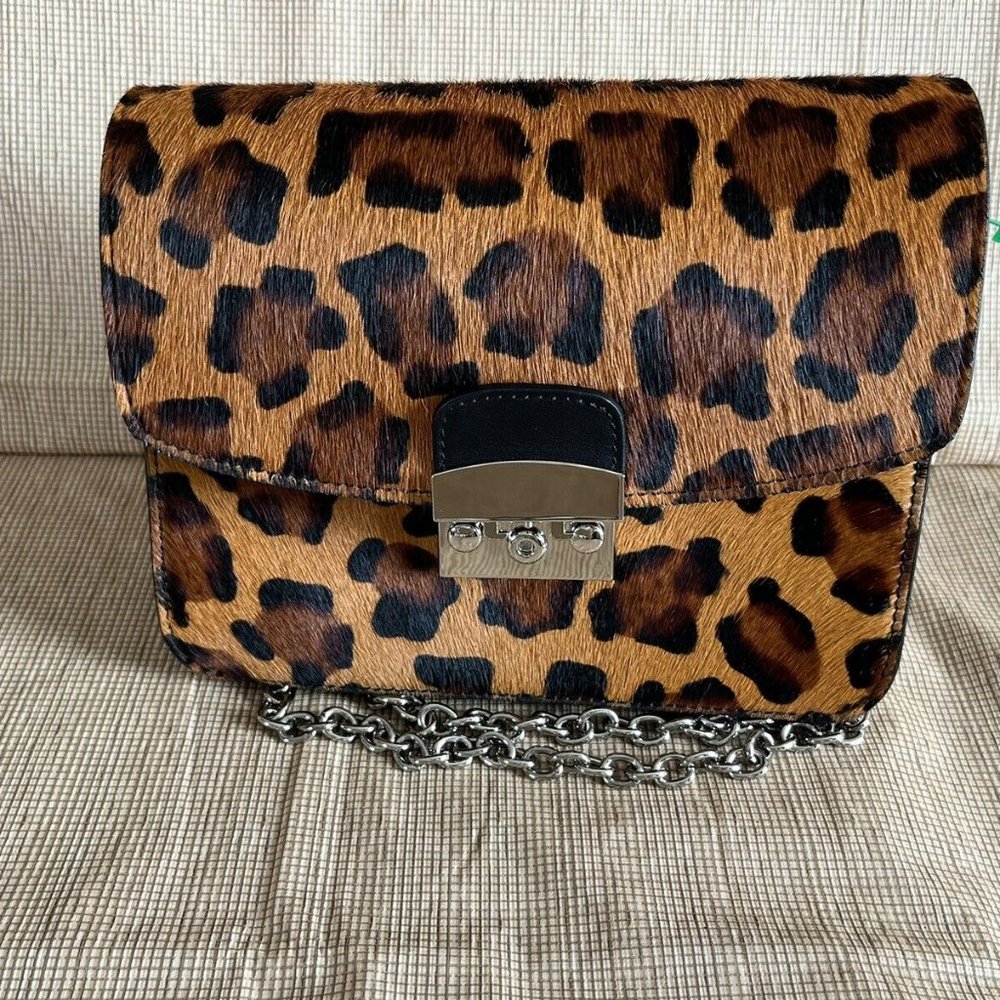 Niquea.D Purse Women’s Brown Animal Print Leather, Silver Chain Strap, HandBag